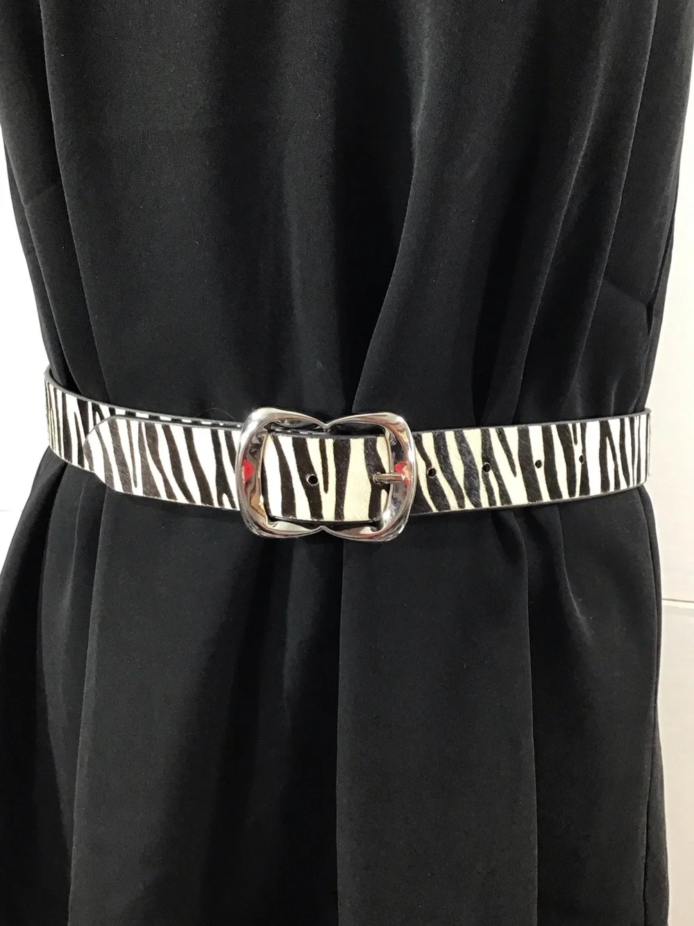 WHBM calf hair zebra print b/w leather belt silver buckle S